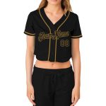 Custom Name and Number Womens V-Neck Black and Old Gold Cropped Baseball Jersey - Personalized Team Apparel Personalized
