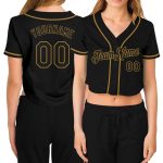 Custom Name and Number Womens V-Neck Black and Old Gold Cropped Baseball Jersey - Personalized Team Apparel Personalized