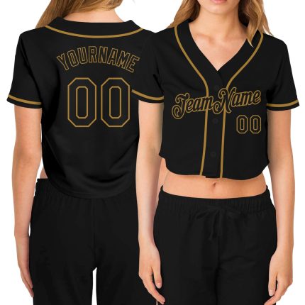 Custom Name and Number Womens V-Neck Black and Old Gold Cropped Baseball Jersey - Personalized Team Apparel Personalized