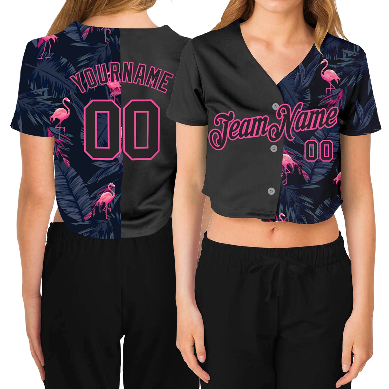 Personalized Black Pink Flamingo V-Neck Cropped Baseball Jersey for Women, Custom Name & Number Personalized Women's Black