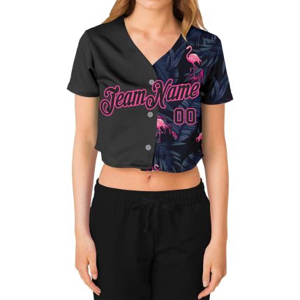 Personalized Black Pink Flamingo V-Neck Cropped Baseball Jersey for Women, Custom Name & Number Personalized Women's Black