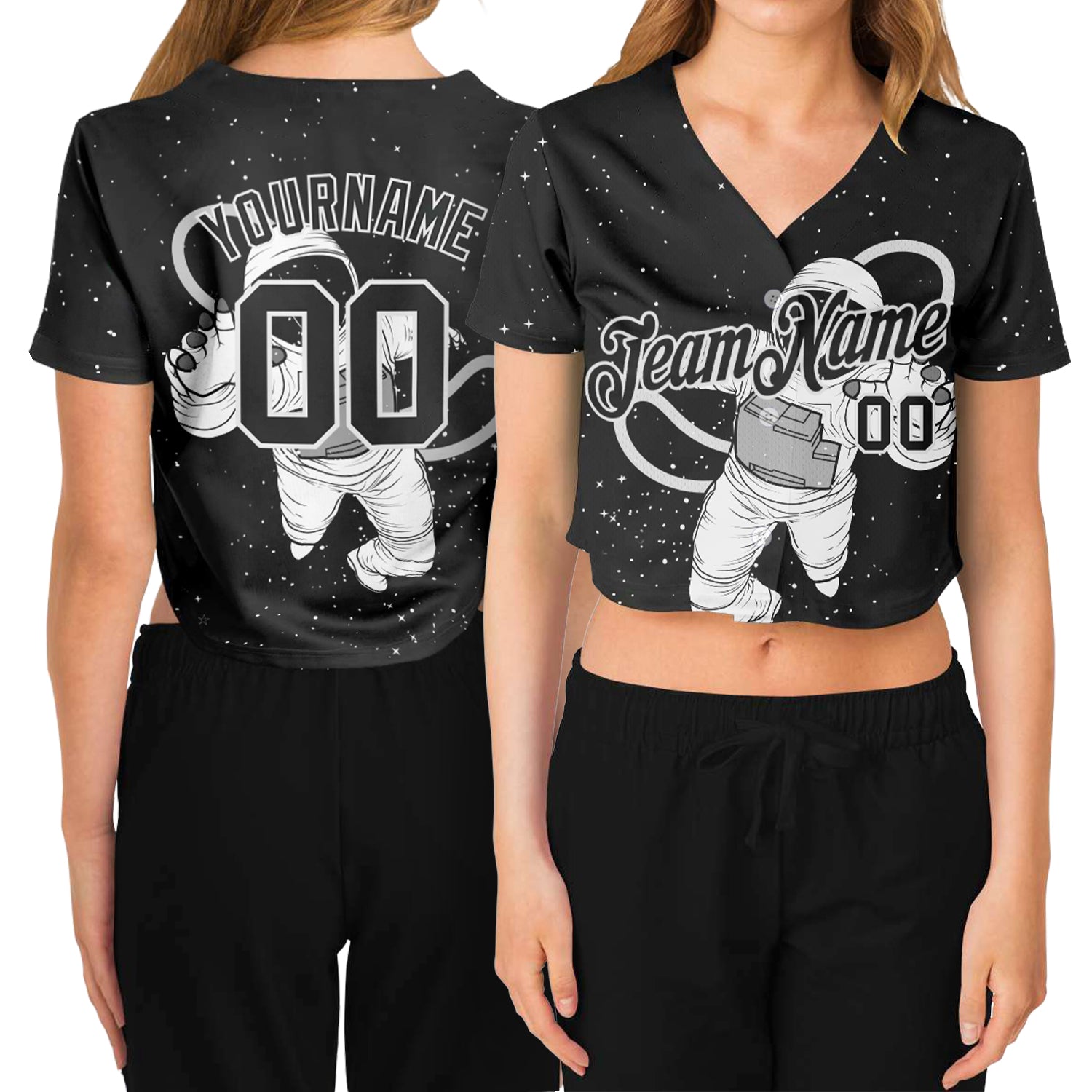 Custom Name and Number Black-White Astronaut 3D V-Neck Cropped Baseball Jersey for Women Personalized Women's Black Black-White
