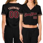 Custom Name and Number Personalized Womens V-Neck Cropped Black Baseball Jersey - Crimson City Team Apparel Personalized