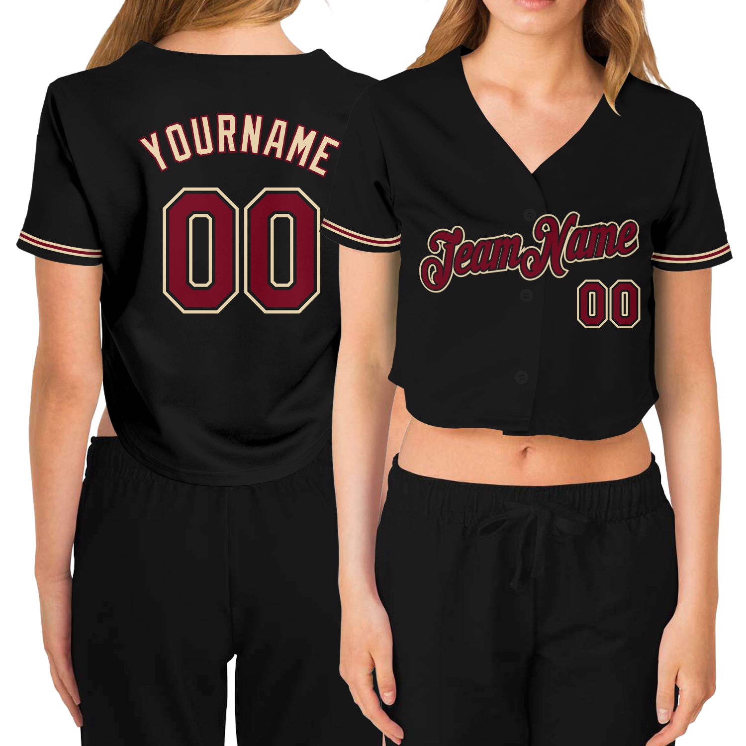 Custom Name and Number Personalized Womens V-Neck Cropped Black Baseball Jersey - Crimson City Team Apparel Personalized