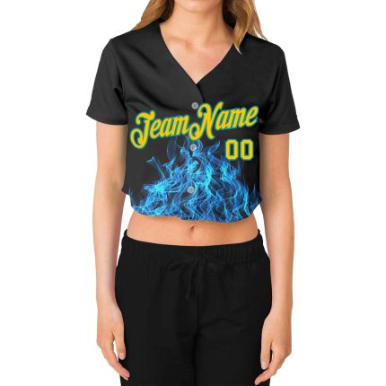 Custom Womens Black Gold Aqua Flame 3D V-Neck Baseball Jersey with Personalized Name and Number Personalized Women's Black