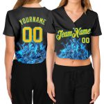 Custom Womens Black Gold Aqua Flame 3D V-Neck Baseball Jersey with Personalized Name and Number Personalized Women's Black