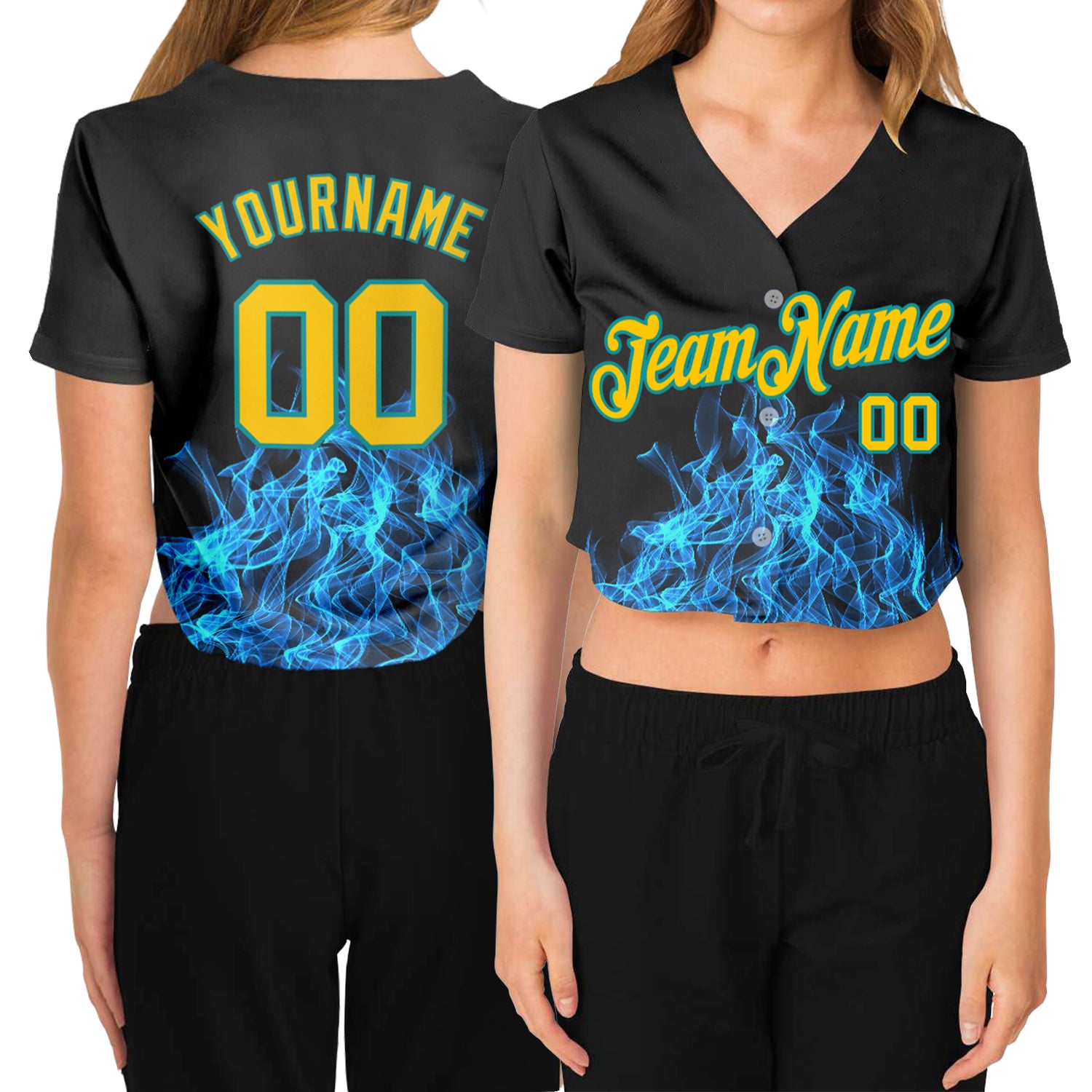 Custom Womens Black Gold Aqua Flame 3D V-Neck Baseball Jersey with Personalized Name and Number Personalized Women's Black