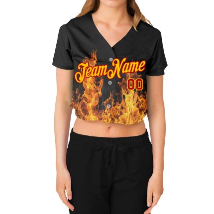 Custom Name Number Personalized Women's 3D V-Neck Baseball Jersey Black Gold-Red Flame Cropped Design Personalized Women's