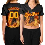 Custom Name Number Personalized Women's 3D V-Neck Baseball Jersey Black Gold-Red Flame Cropped Design Personalized Women's