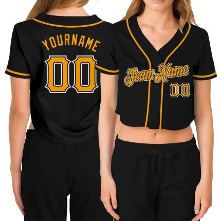 Custom Name and Number Womens V-Neck Black Gold-White Cropped Baseball Jersey Personalized Women's Black Gold-White V-Neck