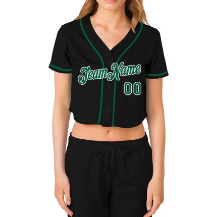 Personalized Womens V-Neck Baseball Jersey Custom Name Number Black Kelly Green White Personalized Women's Black Kelly Green-White