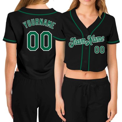 Personalized Womens V-Neck Baseball Jersey Custom Name Number Black Kelly Green White Personalized Women's Black Kelly Green-White