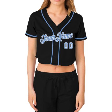 Custom Name and Number Womens Baseball Jersey - Personalized Black Light Blue-White V-Neck Cropped Top Personalized Women's