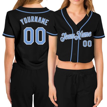 Custom Name and Number Womens Baseball Jersey - Personalized Black Light Blue-White V-Neck Cropped Top Personalized Women's