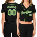 Custom Name and Number Womens Black Neon Green White V-Neck Cropped Baseball Jersey Personalized Women's Black Neon Green-White