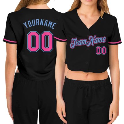 Custom Name and Number Personalized Womens Black Pink-Light Blue V-Neck Cropped Baseball Jersey Personalized Women's Black