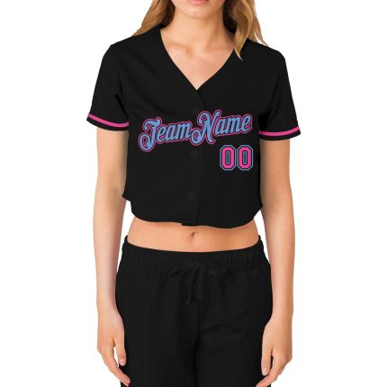 Custom Name and Number Personalized Womens Black Pink-Light Blue V-Neck Cropped Baseball Jersey Personalized Women's Black