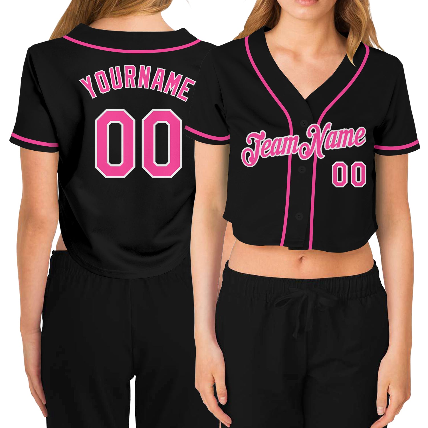 Custom Name Number Womens V-Neck Baseball Jersey Black Pink-White Cropped Personalized Women's Black Pink-White V-Neck Cropped