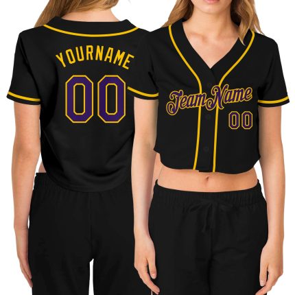 Custom Name and Number Womens Cropped Baseball Jersey - Black Purple-Gold V-Neck Design Personalized Women's Black Purple-Gold