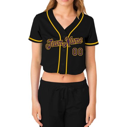 Custom Name and Number Womens Cropped Baseball Jersey - Black Purple-Gold V-Neck Design Personalized Women's Black Purple-Gold