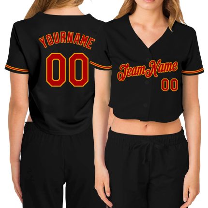 Custom Name Number Personalized Black Red Gold V-Neck Baseball Jersey for Women Personalized Women's Black Red-Gold V-Neck