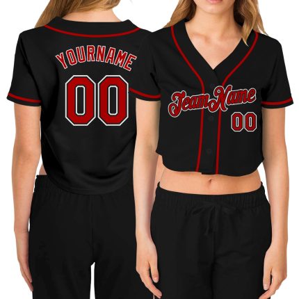 Personalized Custom Name and Number Womens V-Neck Baseball Jersey in Black Red-White Cropped Style Personalized Women's Black