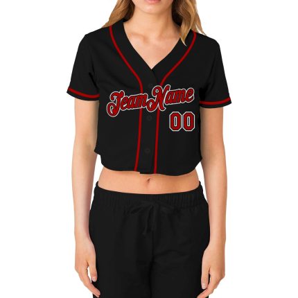 Personalized Custom Name and Number Womens V-Neck Baseball Jersey in Black Red-White Cropped Style Personalized Women's Black