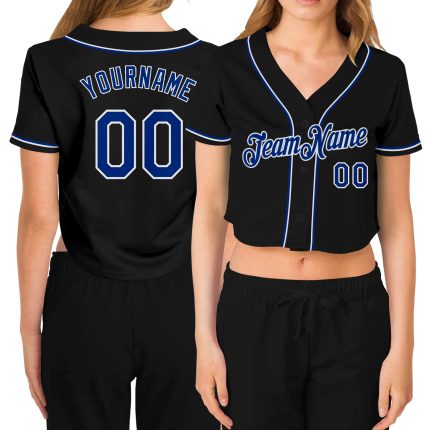 Custom Name and Number Womens V-Neck Cropped Baseball Jersey - Personalized Black Royal-White Team Apparel Personalized Women's