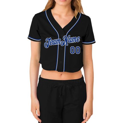 Custom Name and Number Womens V-Neck Cropped Baseball Jersey - Personalized Black Royal-White Team Apparel Personalized Women's