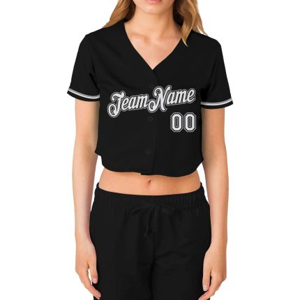 Custom Name and Number Personalized Womens Baseball Jersey V-Neck Cropped Black White-Gray Personalized Women's Black White-Gray