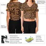 Personalized Womens 3D V-Neck Leopard Cropped Baseball Jersey - Custom Name & Number in Brown/Old Gold Personalized Women's