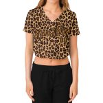 Personalized Womens 3D V-Neck Leopard Cropped Baseball Jersey - Custom Name & Number in Brown/Old Gold Personalized Women's