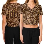 Personalized Womens 3D V-Neck Leopard Cropped Baseball Jersey - Custom Name & Number in Brown/Old Gold Personalized Women's