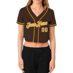 Custom Womens V-Neck Baseball Jersey - Personalized Brown Gold-White Team Name & Number - Cropped Style Personalized Women's