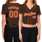 Custom Name Number Women's Cropped Baseball Jersey Brown Orange White V-Neck Personalized Women's Brown Orange-White V-Neck