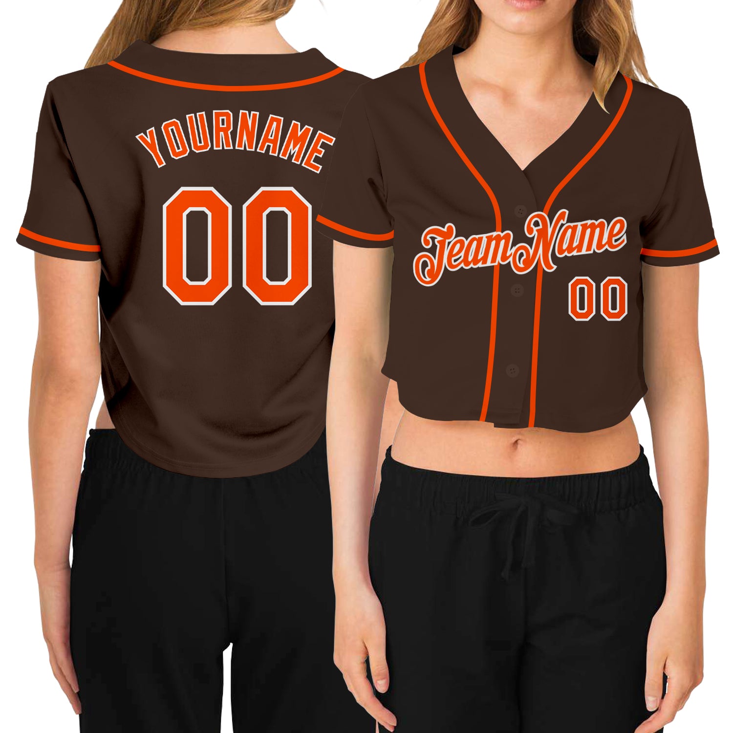 Custom Name Number Women's Cropped Baseball Jersey Brown Orange White V-Neck Personalized Women's Brown Orange-White V-Neck