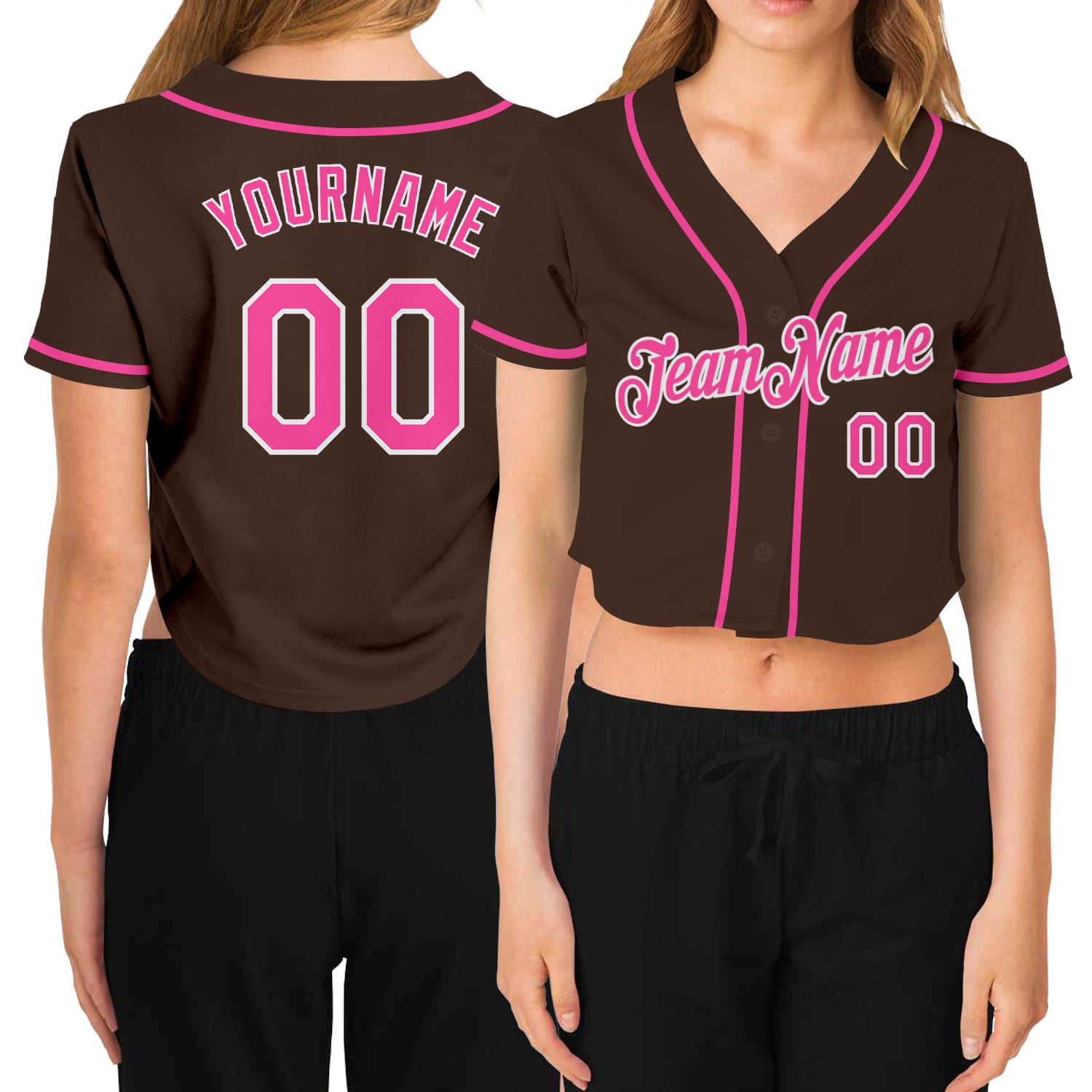 Custom Name and Number Womens V-Neck Cropped Baseball Jersey - Personalized Brown Pink-White Team Apparel Personalized Women's