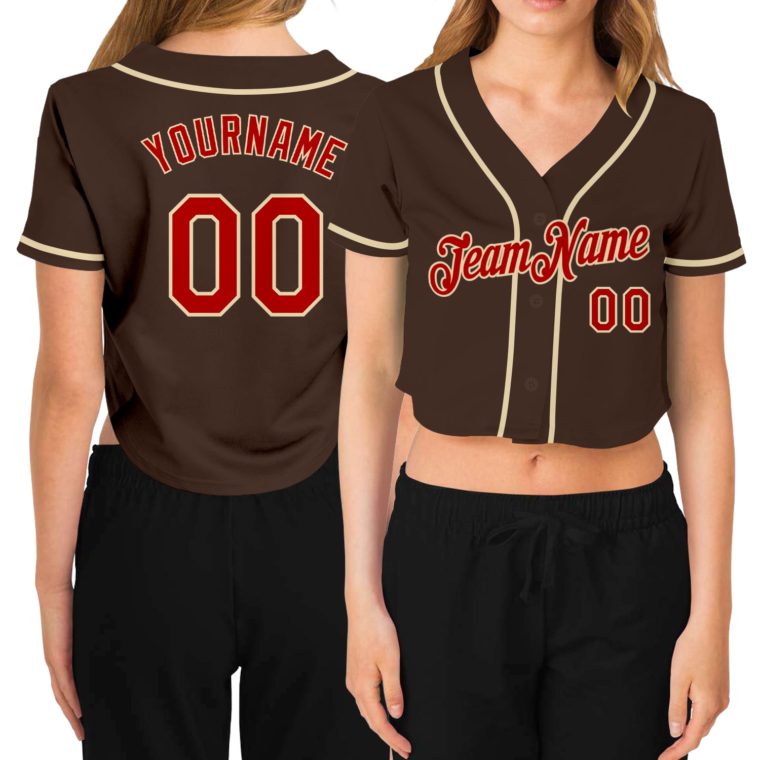 Custom Name and Number Womens Baseball Jersey V-Neck Cropped Brown Red Cream Personalized Women's Brown Red-Cream V-Neck