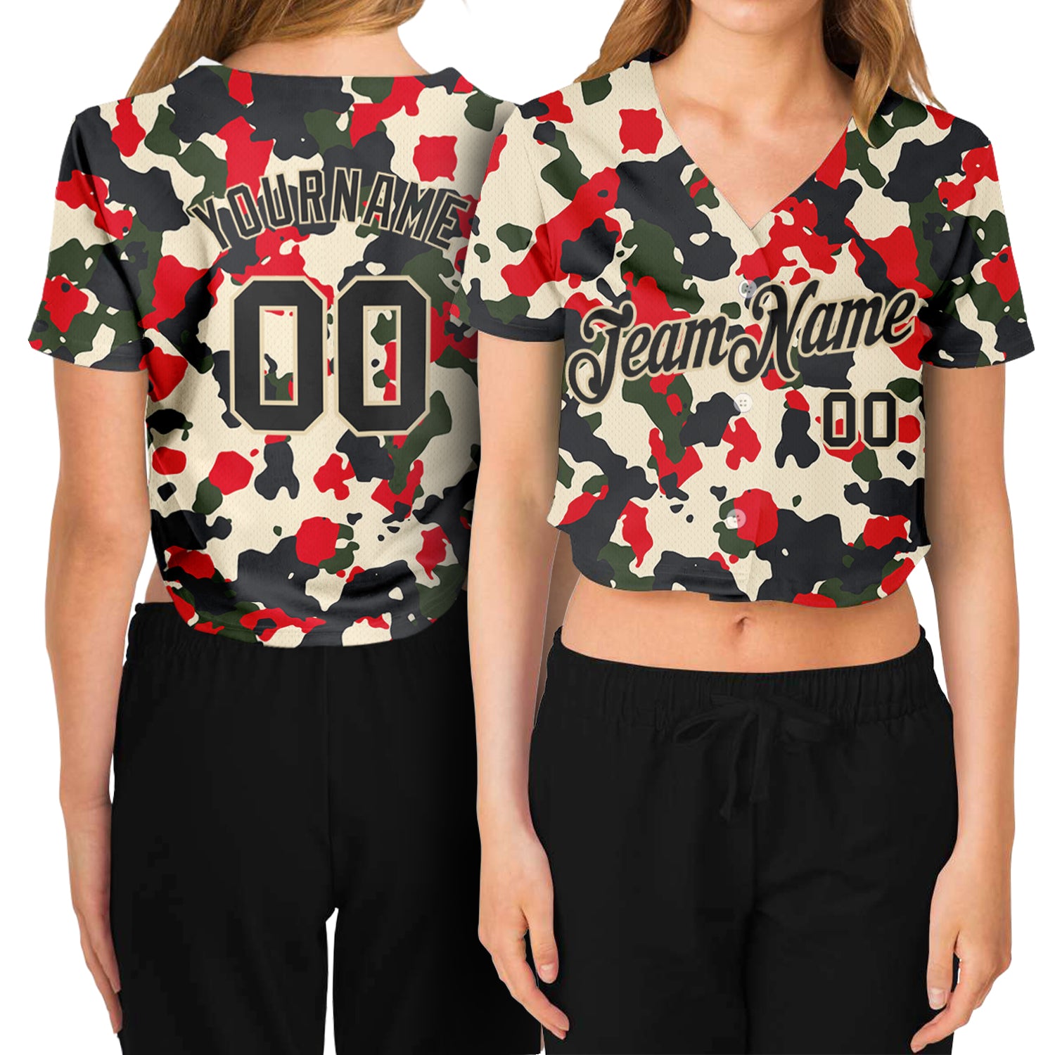 Custom Name and Number Womens Camo Salute to Service Black-Cream V-Neck Cropped Baseball Jersey Personalized Women's Camo