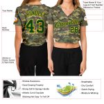 Personalized Camo V-Neck Cropped Baseball Jersey for Women - Custom Name & Number, Green-Gold Salute To Service Personalized