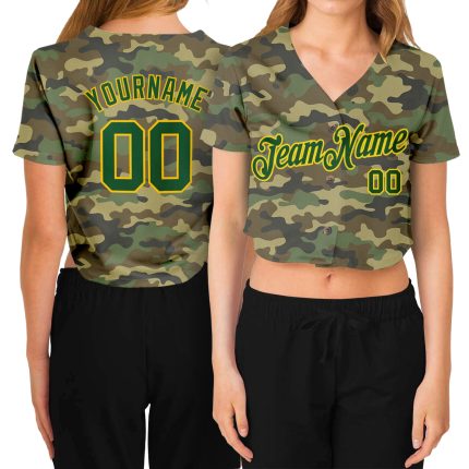 Personalized Camo V-Neck Cropped Baseball Jersey for Women - Custom Name & Number, Green-Gold Salute To Service Personalized