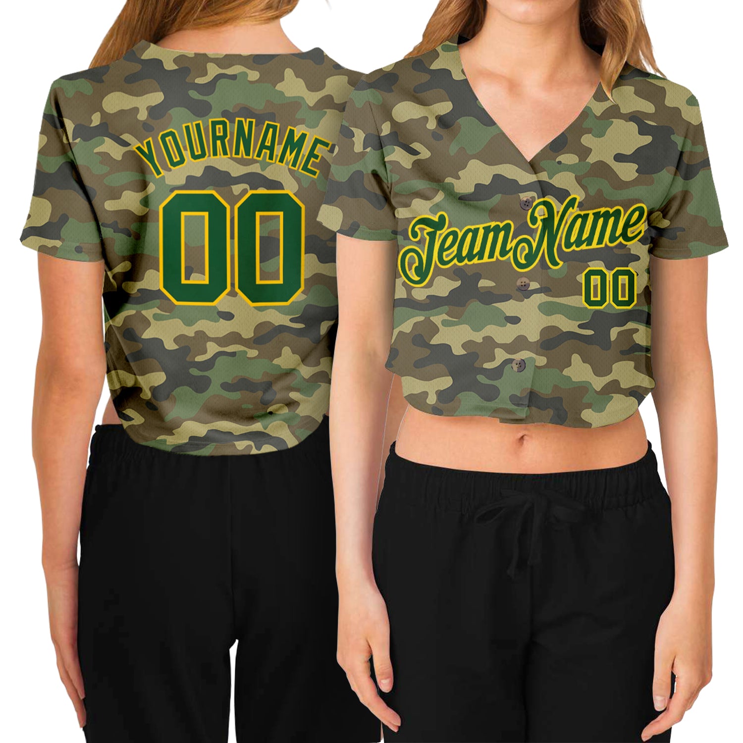 Personalized Camo V-Neck Cropped Baseball Jersey for Women - Custom Name & Number, Green-Gold Salute To Service Personalized