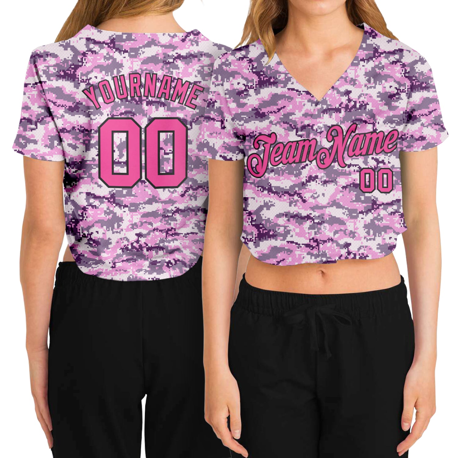 Custom Name Number Womens Pink Black Camo V-Neck Cropped Baseball Jersey - Salute To Service Personalized Women's Camo Pink-Black