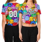 Custom Name Number Womens 3D Emoji V-Neck Cropped Baseball Jersey - Colorful White-Black Personalized Women's Colorful White-Black