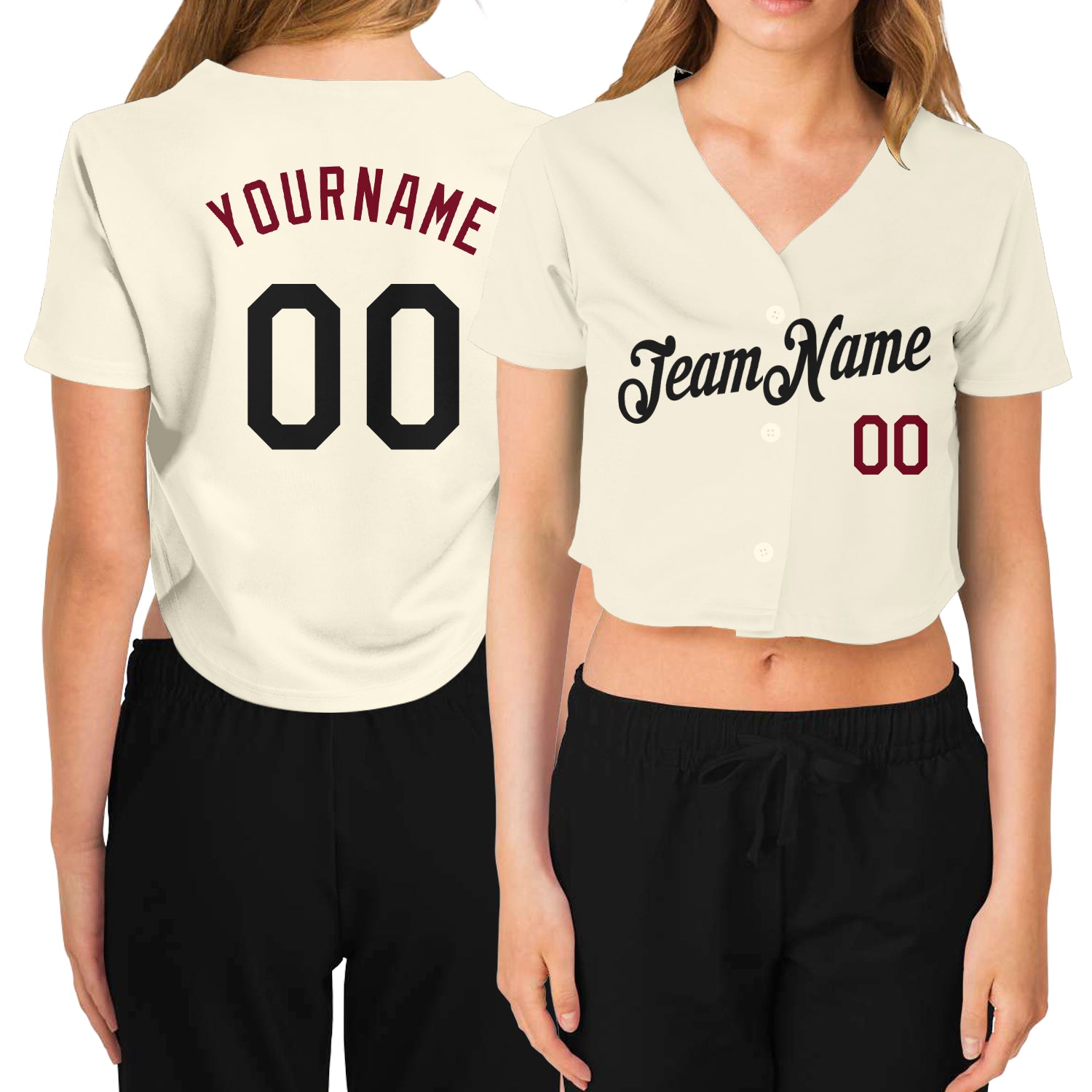 Custom Name Number Personalized Womens V-Neck Cropped Baseball Jersey Cream Black Crimson Personalized Women's Cream Black-Crimson