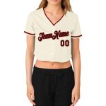 Custom Name and Number Personalized Womens V-Neck Cropped Baseball Jersey in Cream Black Red Personalized Women's Cream Black-Red