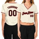 Custom Name and Number Personalized Womens V-Neck Cropped Baseball Jersey in Cream Black Red Personalized Women's Cream Black-Red