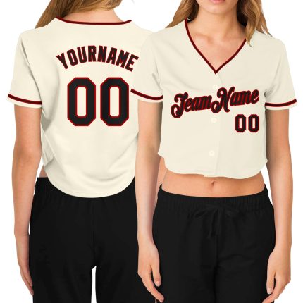 Custom Name and Number Personalized Womens V-Neck Cropped Baseball Jersey in Cream Black Red Personalized Women's Cream Black-Red