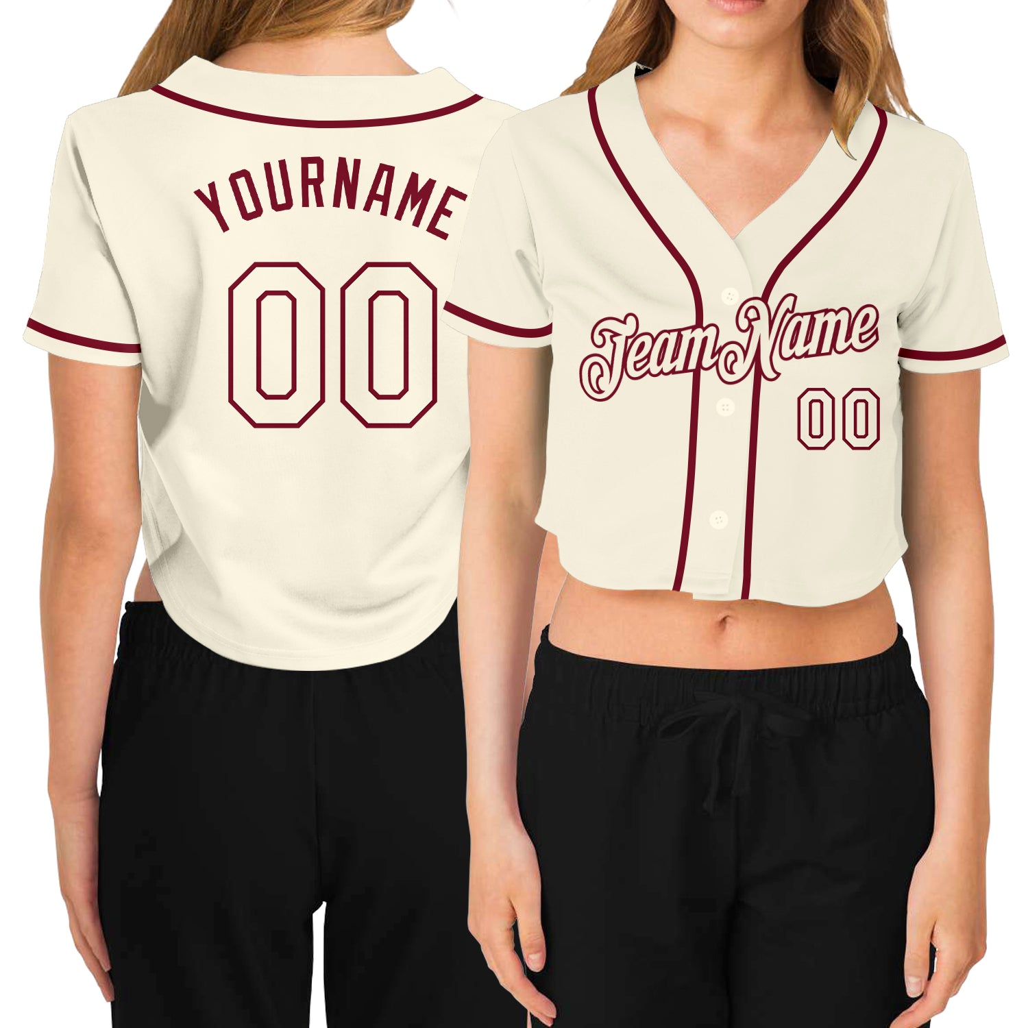 Custom Name Number Personalized Womens V-Neck Cropped Baseball Jersey Cream Crimson Personalized Women's Cream Cream-Crimson