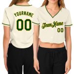 Custom Name and Number Personalized Womens Cropped Baseball Jersey in Cream Green-Gold V-Neck Design Personalized Women's